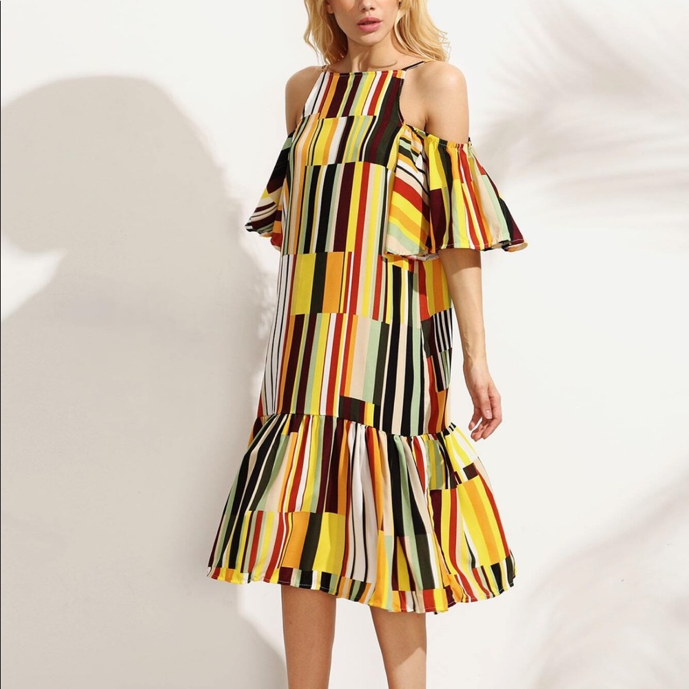 Stripe print ruffled midi dress